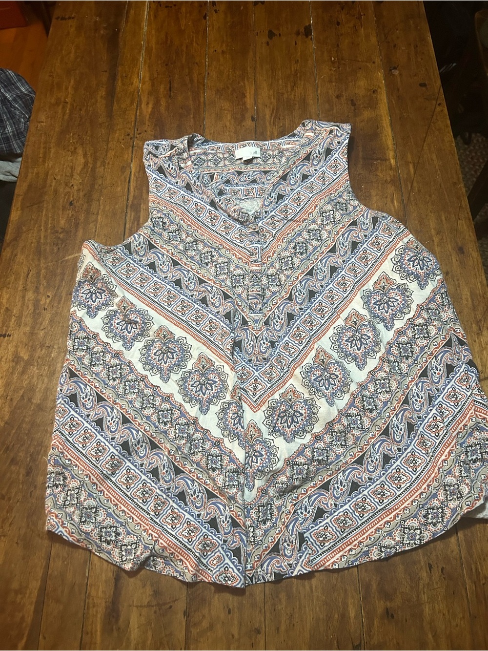 J. Jill Blue and Cream Boho V-Neck Sleeveless Tank